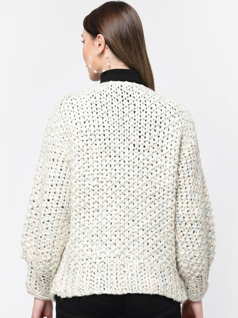 513 Women Self Design Open Knit Front-Open Acrylic Sweater - Image 4