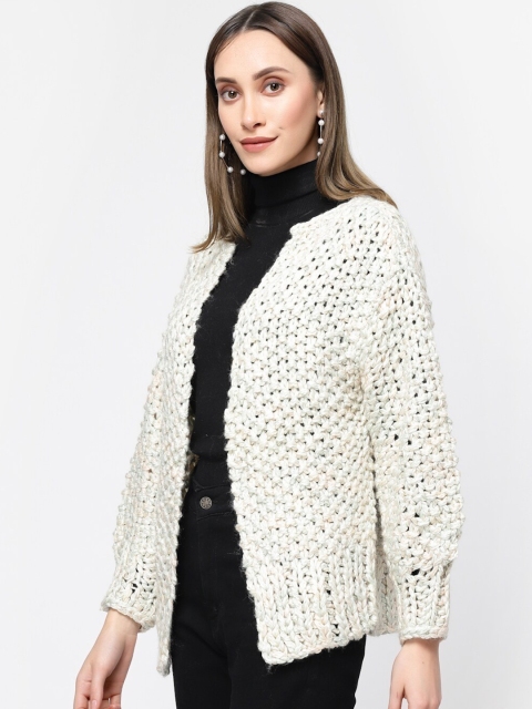 513 Women Self Design Open Knit Front-Open Acrylic Sweater - Image 3
