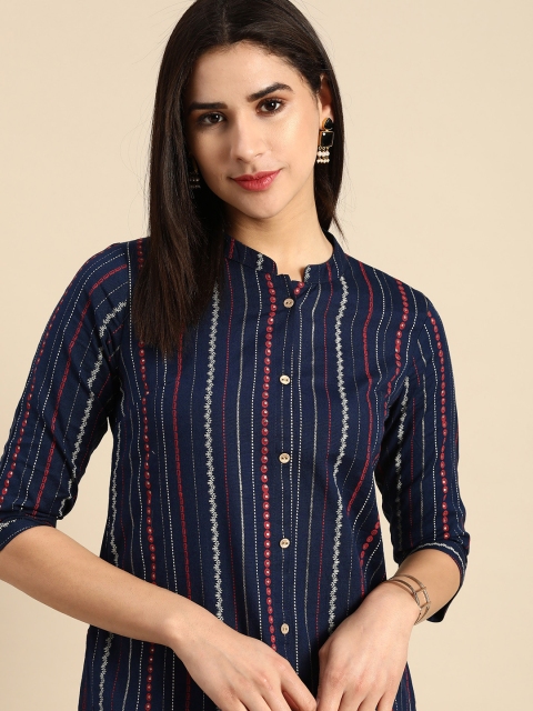 Anouk Woven Design Striped Mandarin Collar Straight Kurta