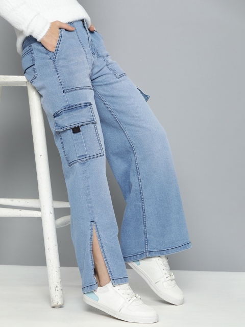 Mast & Harbour Women Light Fade Stretchable Cargo Style Jeans With Side Slits