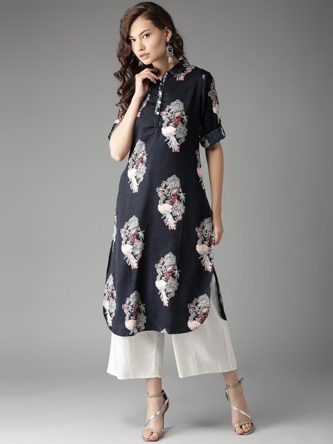 HERE&NOW Women Navy Printed Straight Kurta
