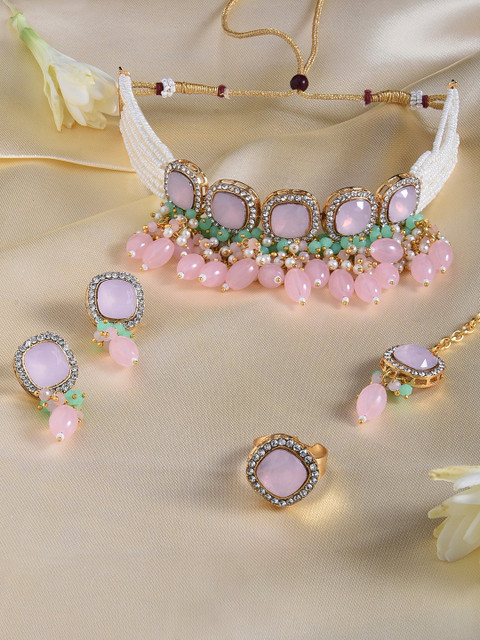 Zaveri Pearls Gold-Plated Stone-Studded & Beaded Jewellery Set