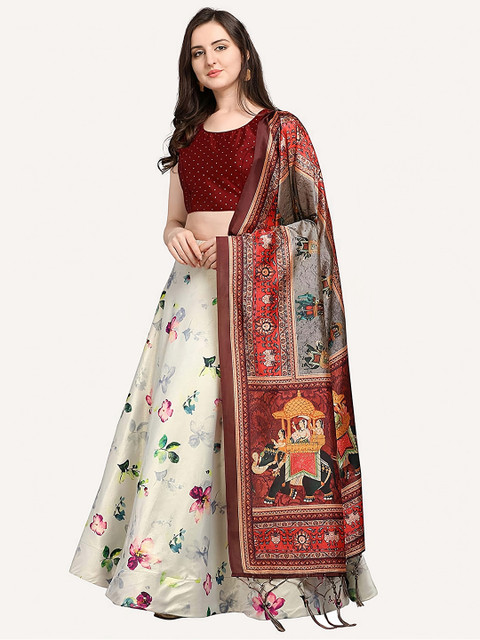 Kaizen TEXO FAB Off White & Maroon Printed Semi-Stitched Lehenga & Unstitched Blouse With Dupatta