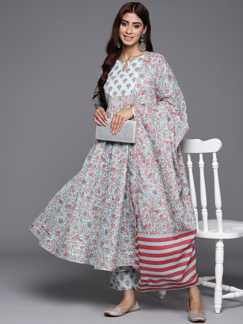 Libas Womens Blue Yoke Design Cotton Anarkali Kurta With Trousers & Dupatta