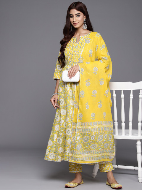 Libas Womens Yellow Yoke Design Cotton Anarkali Kurta With Trousers & Dupatta - Image 9