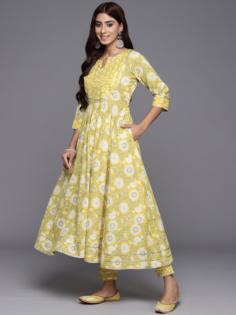 Libas Womens Yellow Yoke Design Cotton Anarkali Kurta With Trousers & Dupatta - Image 7