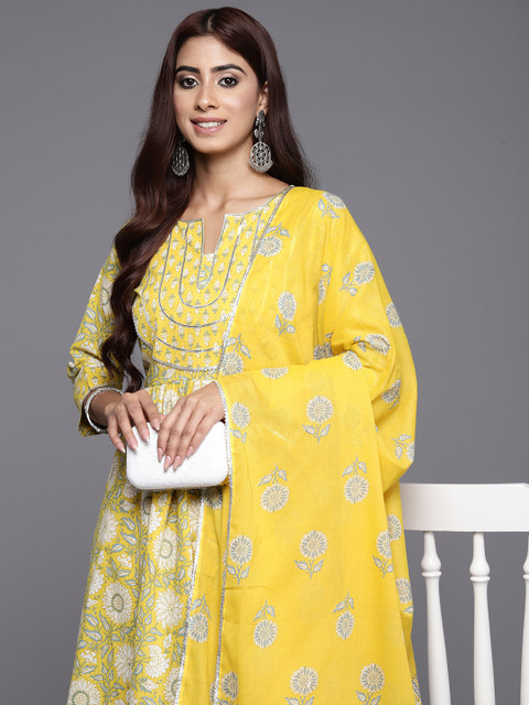 Libas Womens Yellow Yoke Design Cotton Anarkali Kurta With Trousers & Dupatta - Image 5