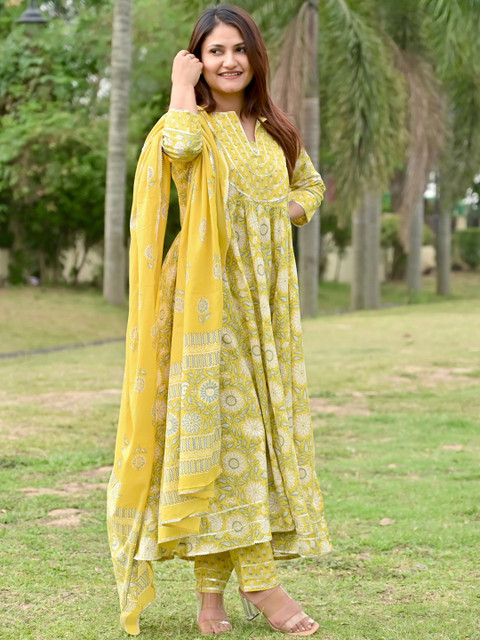 Libas Womens Yellow Yoke Design Cotton Anarkali Kurta With Trousers & Dupatta