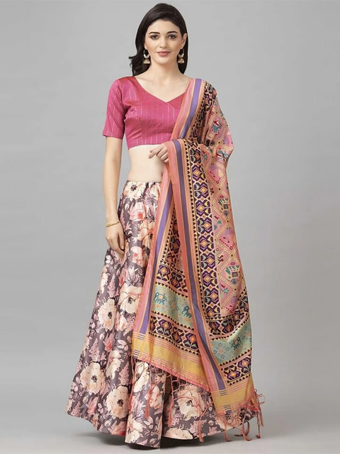 Kaizen TEXO FAB Grey & Pink Embellished Semi-Stitched Lehenga Choli