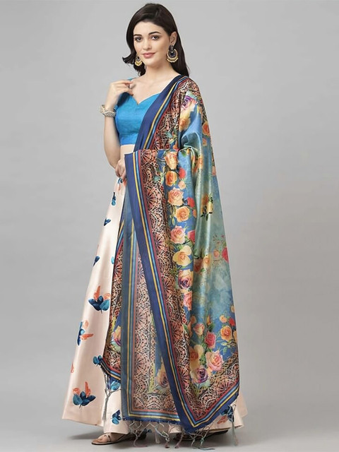 Kaizen TEXO FAB Silver-Toned & Blue Printed Semi-Stitched Lehenga Choli