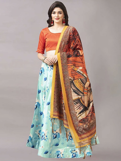 Kaizen TEXO FAB Sea Green & Orange Semi-Stitched Lehenga Choli