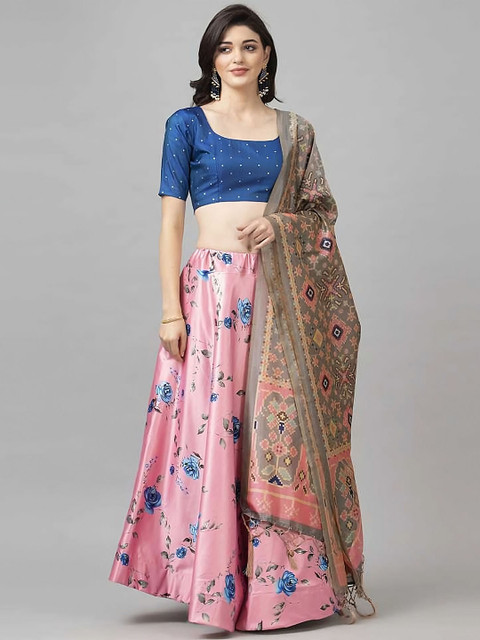 Kaizen TEXO FAB Pink & Blue Printed Beads and Stones Semi-Stitched Lehenga Choli