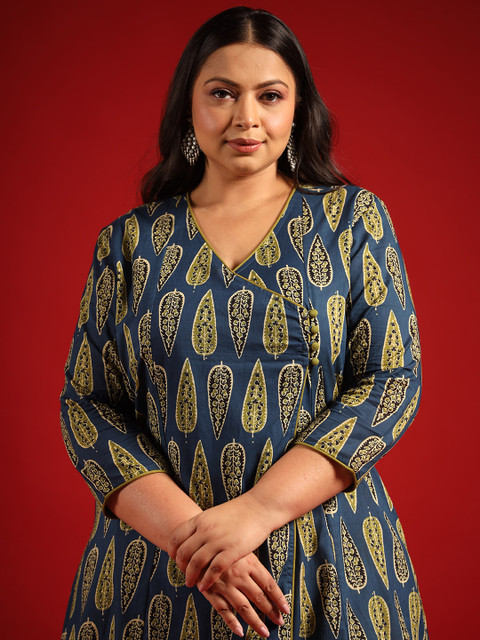 anayna Women Navy Blue & Green Ethnic Motifs Printed Cotton Kurta