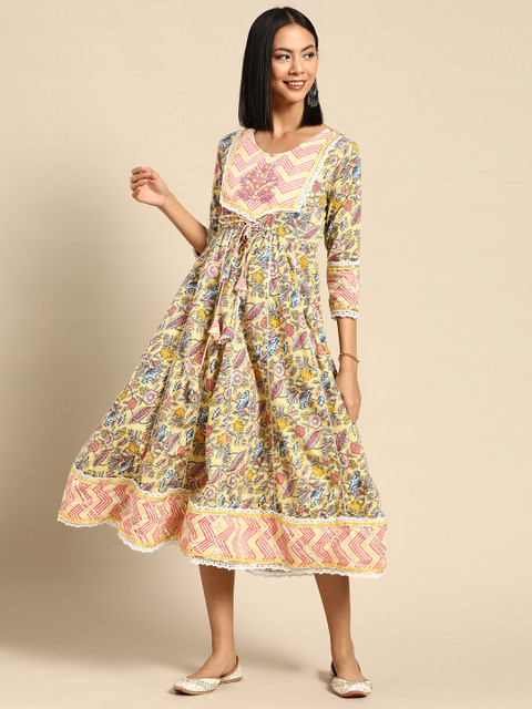 RANGMAYEE Floral Embroidered A-Line Midi Dress