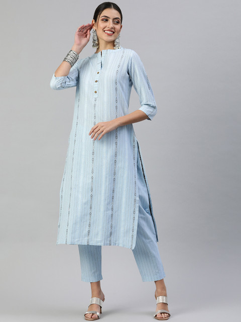 KALINI Women Woven Design Pure Cotton Kurta With Trousers