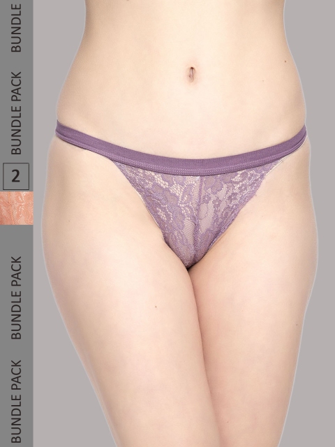 PrettyCat Women Pack Of 2 Self-Design Lace Low-Rise Thong Briefs