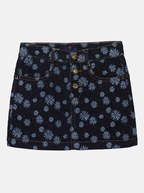 KiddoPanti Girls Floral Printed Denim Knee-Length A-Line Skirts