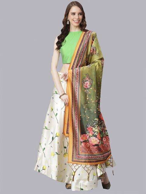 Kaizen TEXO FAB Cream-Coloured & Green Printed Semi-Stitched Lehenga & Unstitched Blouse With Dupatta