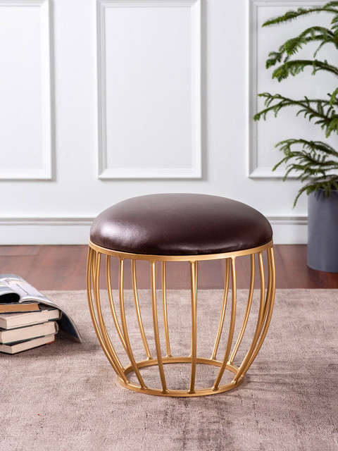nestroots Coffee Brown and Gold Toned Textured Round Ottomans - Image 2