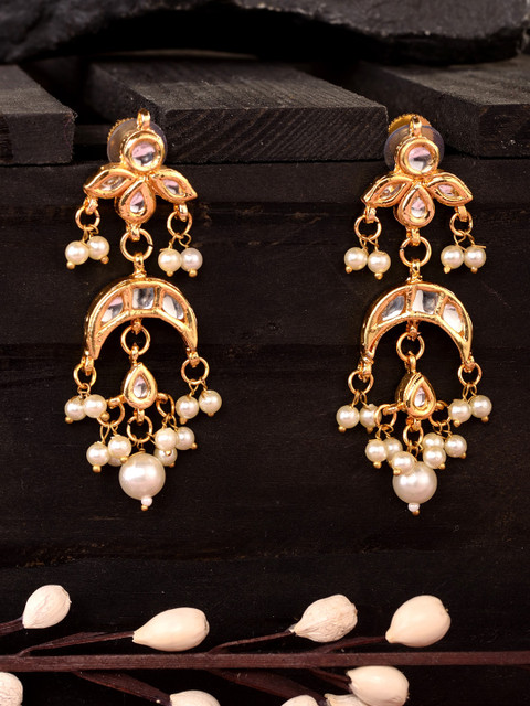 Saraf RS Jewellery Gold Plated Kundan Studded Contemporary Drop Earrings