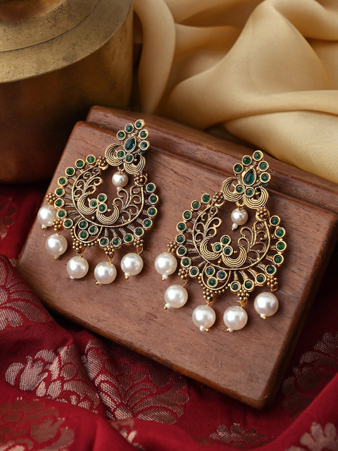 TEEJH Gold-Plated Contemporary Chandbalis Earrings