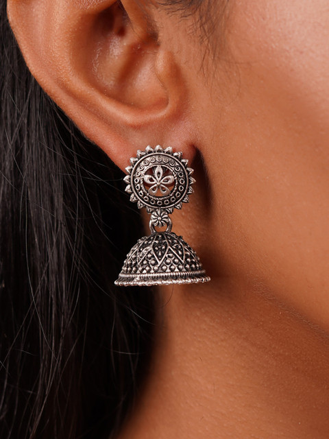 TEEJH Silver-Plated Oxidised Contemporary Jhumkas Earrings - Image 5