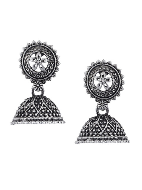 TEEJH Silver-Plated Oxidised Contemporary Jhumkas Earrings - Image 2