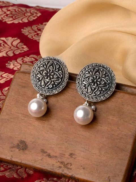 TEEJH Silver-Plated Circular Oxidised Drop Earrings
