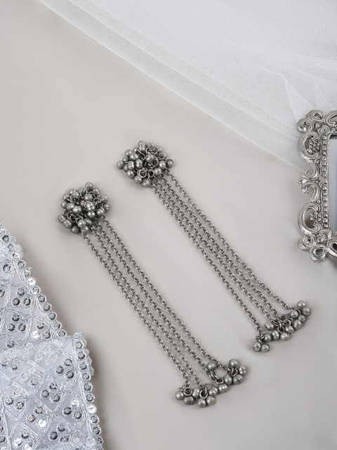 TEEJH Silver-Plated Oxidised Contemporary Drop Earrings