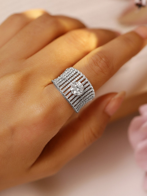 Rubans Silver Plated AD & Cubic Zirconia Studded Concave Adjustable Finger Ring