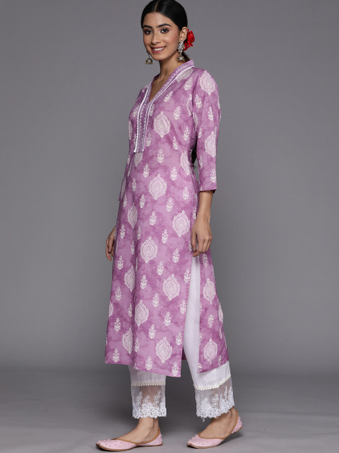 Varanga Lavender Floral Jaipuri Printed V-Neck Cotton Straight Kurta - Image 4