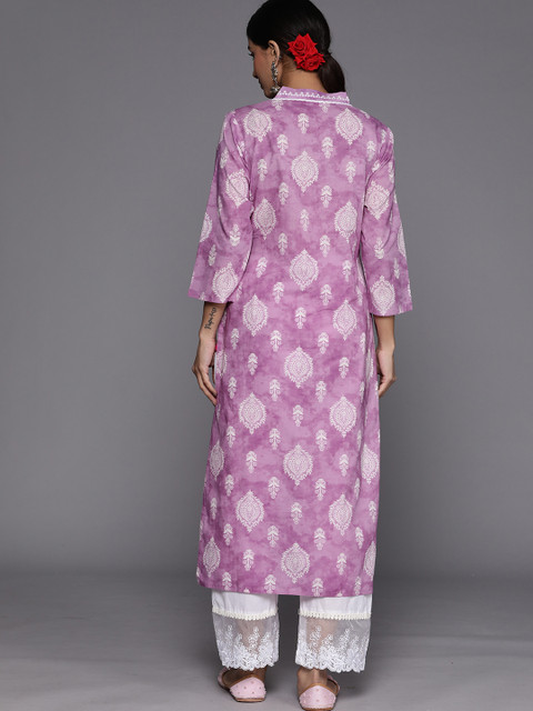 Varanga Lavender Floral Jaipuri Printed V-Neck Cotton Straight Kurta - Image 5