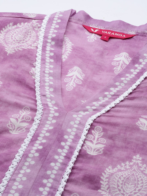 Varanga Lavender Floral Jaipuri Printed V-Neck Cotton Straight Kurta - Image 3