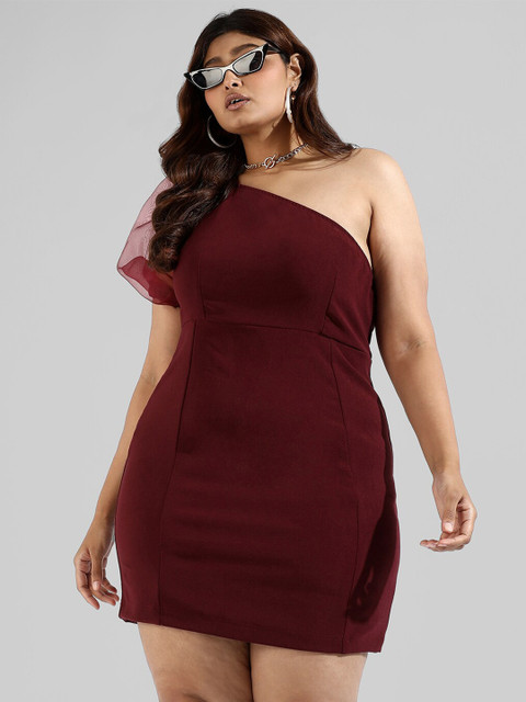 Instafab Plus Maroon Off-Shoulder Sheath Mini Dress