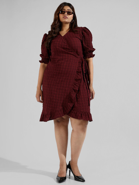 Instafab Plus Maroon Checked Crepe Dress