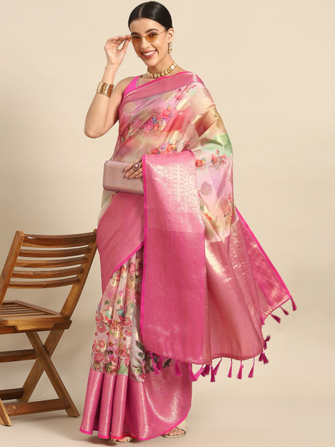 Silk Land Woven Floral Art Silk Chanderi Digital Print Saree
