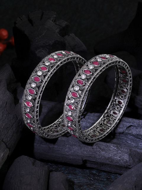 Adwitiya Collection Set Of 2 Oxidised Silver-Plated Kundan & Stone-Studded Bangles