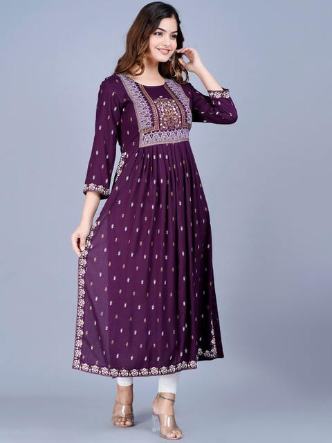 KALINI Women Ethnic Motifs Printed Mirror Work Summer Sheers Anarkali Kurta