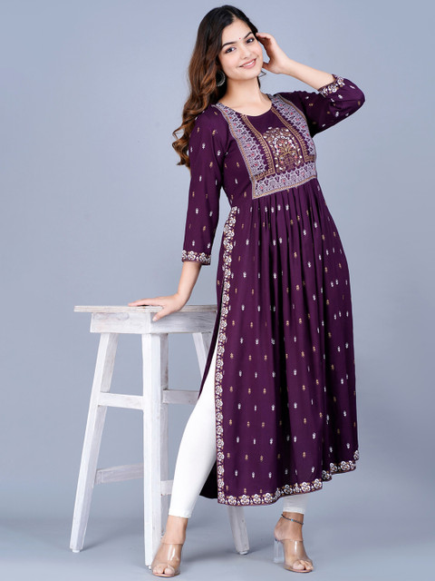 KALINI Women Ethnic Motifs Printed Mirror Work Summer Sheers Anarkali Kurta