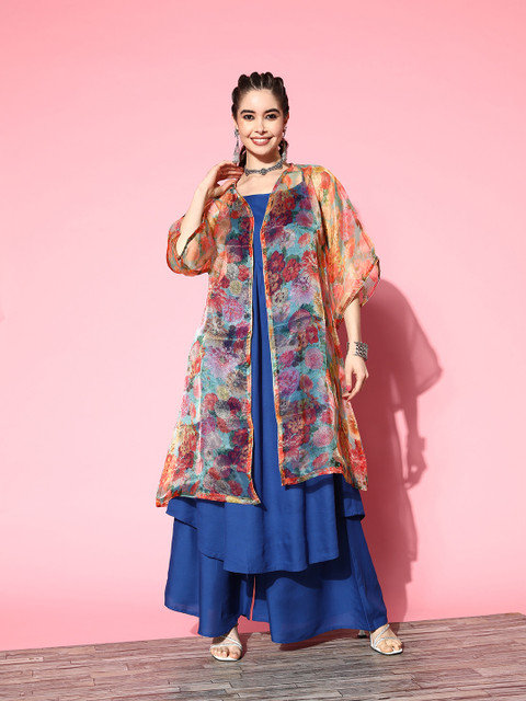 InWeave Solid Shoulder Straps Pleated Kurta With Palazzos & With Jacket - Image 3