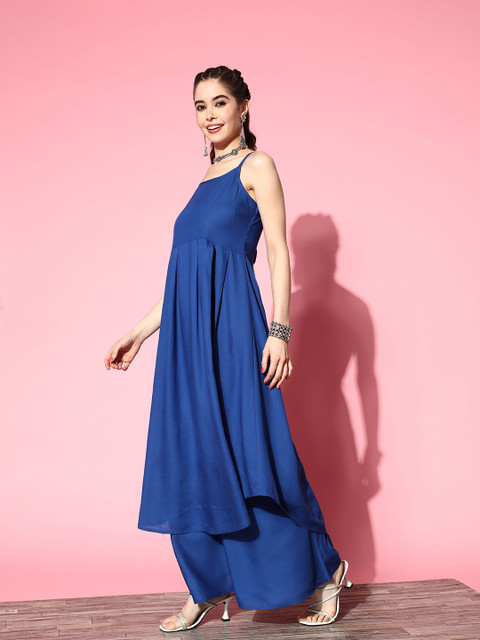 InWeave Solid Shoulder Straps Pleated Kurta With Palazzos & With Jacket - Image 4