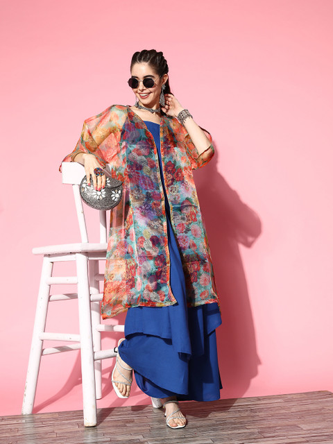 InWeave Solid Shoulder Straps Pleated Kurta With Palazzos & With Jacket
