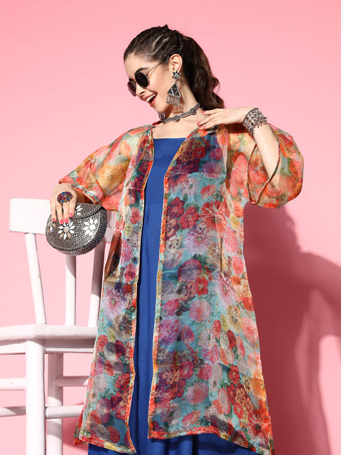 InWeave Solid Shoulder Straps Pleated Kurta With Palazzos & With Jacket - Image 2