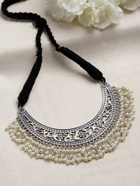 PANASH Oxidised Silver-Plated Pearl Cresent Shaped Choker Necklace