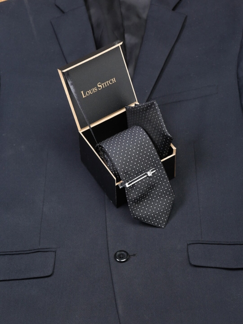 LOUIS STITCH Men Polka Black Italian Silk Necktie Accessory Gift Set