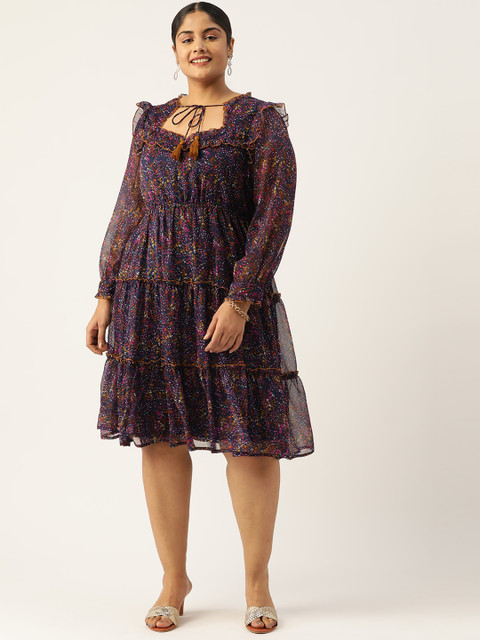 Antheaa Curve Plus Size Floral Print Tie-Up Neck Bishop Sleeves Chiffon Midi Dress