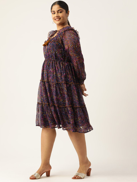 Antheaa Curve Plus Size Floral Print Tie-Up Neck Bishop Sleeves Chiffon Midi Dress - Image 3