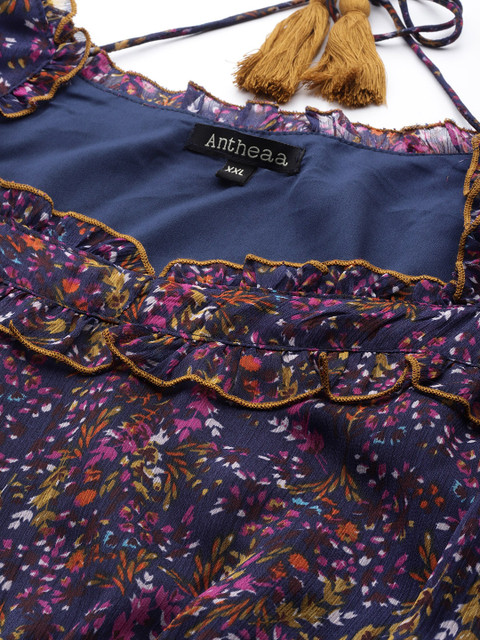 Antheaa Curve Plus Size Floral Print Tie-Up Neck Bishop Sleeves Chiffon Midi Dress - Image 2