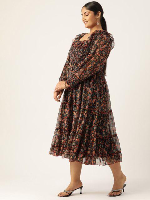 Antheaa Curve Plus Size Ethnic Motifs Smocked Tiered Chiffon Midi Dress - Image 3