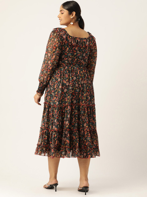 Antheaa Curve Plus Size Ethnic Motifs Smocked Tiered Chiffon Midi Dress - Image 4